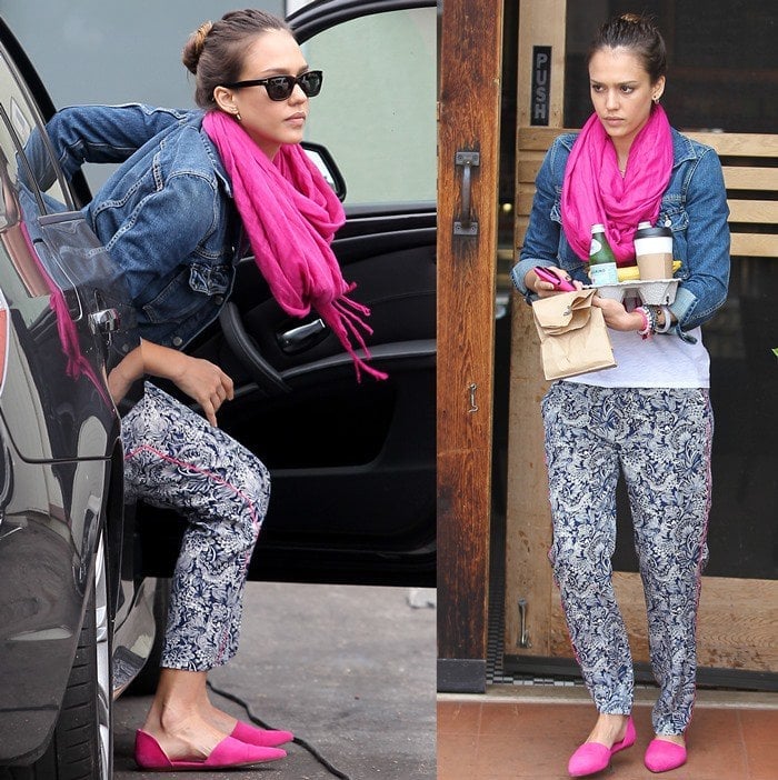 Jessica Alba paired her pretty pink shoes with printed pants, a casual t-shirt, a denim jacket, and a matching pink infinity scarf