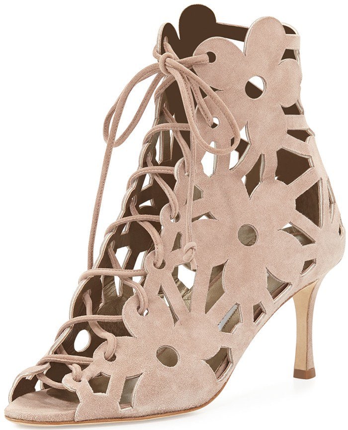 Beige Manolo Blahnik "Kahikalow" Lace-Up Cutout Sandal Booties