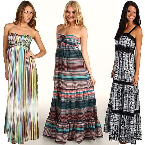 Comfortable and stylish empire cut maxi dresses, including the Jessica Simpson Striped Twist Bust, Roxy 'Born Dreamer', and MICHAEL Michael Kors designs, suitable for maternity wear