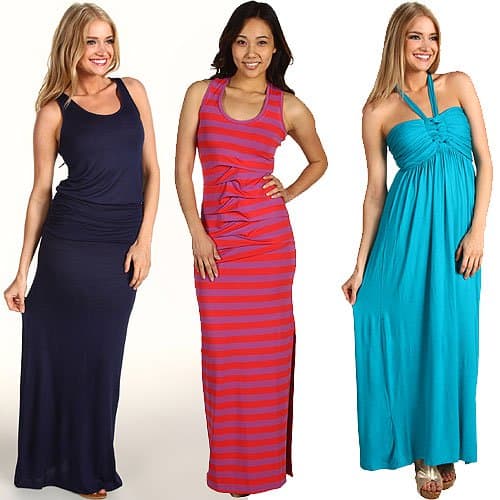 A showcase of maxi dresses with pleating and gathering details, ideal for maternity wear, including Soft Joie 'Wilcox', Nicole Miller 'Tidal Wave', and Type Z 'Liliana'