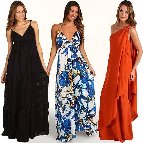 Showcasing a selection of flowy and comfortable maxi dresses, ideal for expectant mothers, including designs like Michael Stars 'Marisa', Tbags Los Angeles, and Winter Kate 'Kamala'