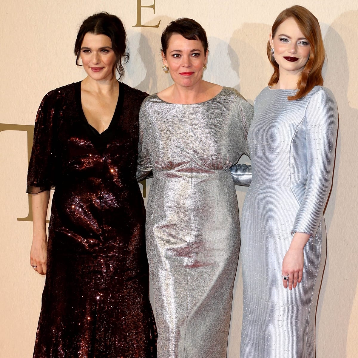 Rachel Weisz, Olivia Colman, and Emma Stone attend the UK Premiere of "The Favourite"