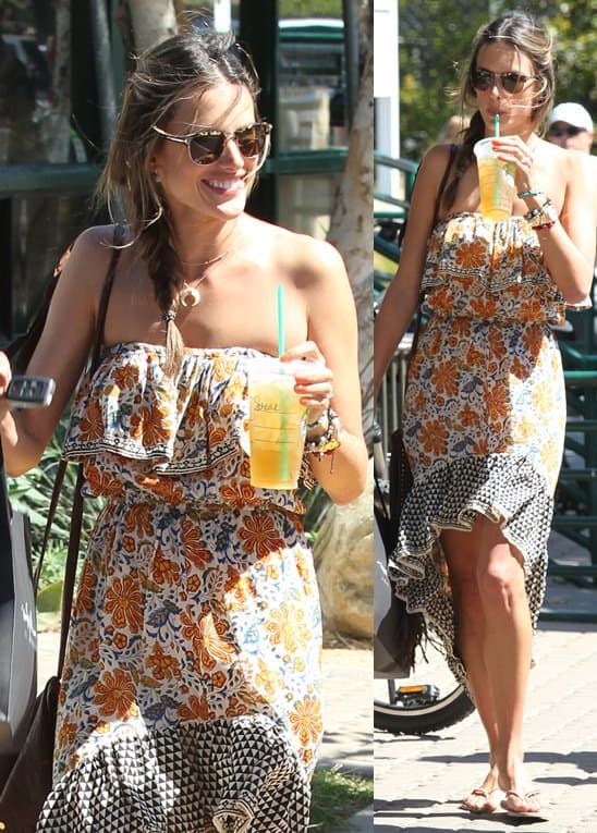 Elegant yet casual, Alessandra Ambrosio radiates summer vibes in Malibu, wearing a Tolani 'Morgan' ruffled dress, perfect for a dinner outing at Tra Di Noi