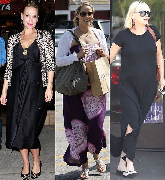 Featured here are Molly Sims, Elizabeth Berkley, and Anna Faris, each radiating pregnancy glow in their fashionable maxi dresses on various occasions in 2012