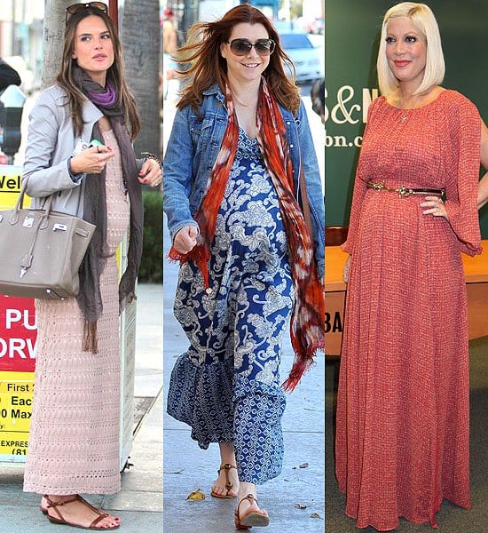 A collage showcasing Alessandra Ambrosio, Alyson Hannigan, and Tori Spelling elegantly sporting maternity maxi dresses during their public appearances in 2012