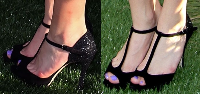 Bella Thorne in Miu Miu t-strap glitter heel sandals