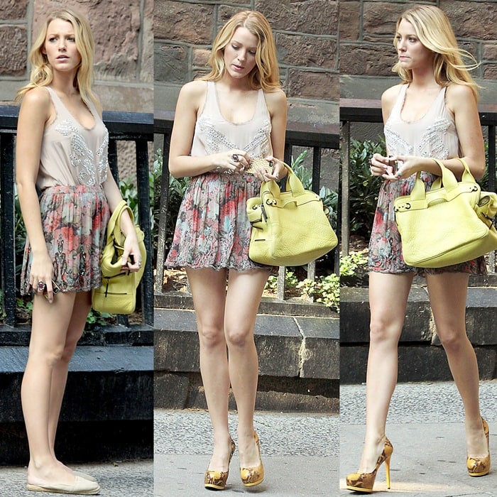 Blake Lively stuns in a breezy beaded tank top, a floral Haute Hippie skirt, and yellow Pour La Victoire pumps while filming Gossip Girl in New York City
