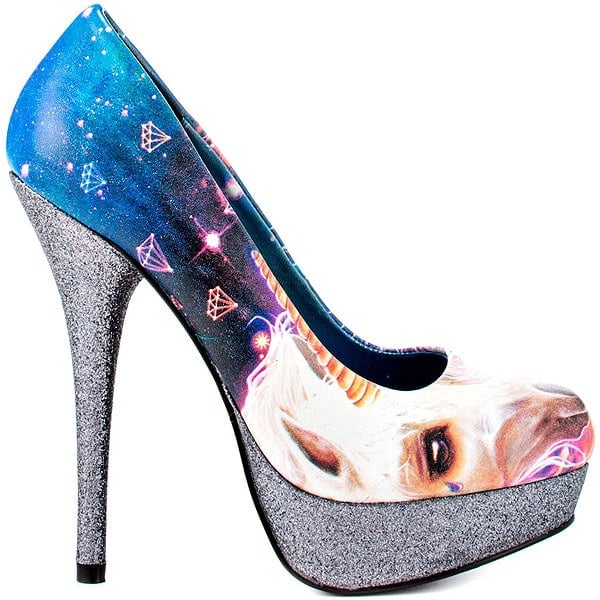 The Unicornopia pump is a whimsical creation, featuring a magical unicorn in space design with a glittering silver finish, appealing to the inner child in all of us
