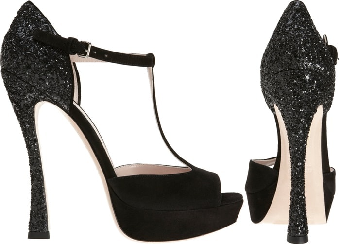 Miu Miu Glitter Heel T-Strap Heels