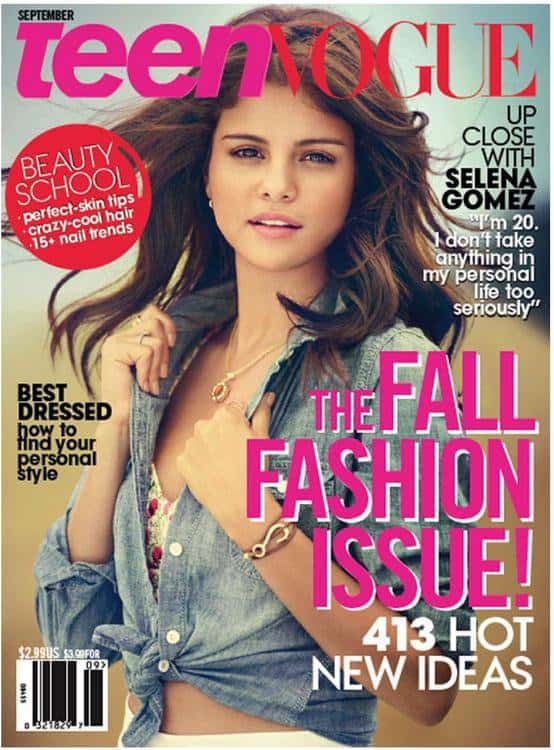 Selena Gomez flaunts her toned tummy in a chambray shirt from American Eagle Outfitters on the cover of the September 2012 issue of Teen Vogue magazine