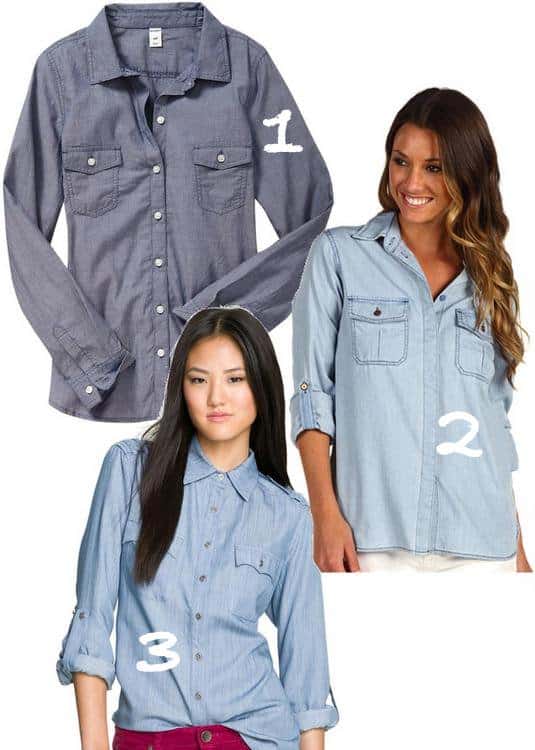 Elevate Your Casual Look: Discover three affordably stylish chambray shirts to enhance your everyday fashion. Featuring 1) Women's Lightweight Camp Shirts in Mid Tone Chambray, $18; 2) Sanctuary The Duke Chambray, $86; 3) Olivia Moon Roll Sleeve Chambray Shirt, $58, each offering unique takes on the classic chambray for versatile wardrobe options