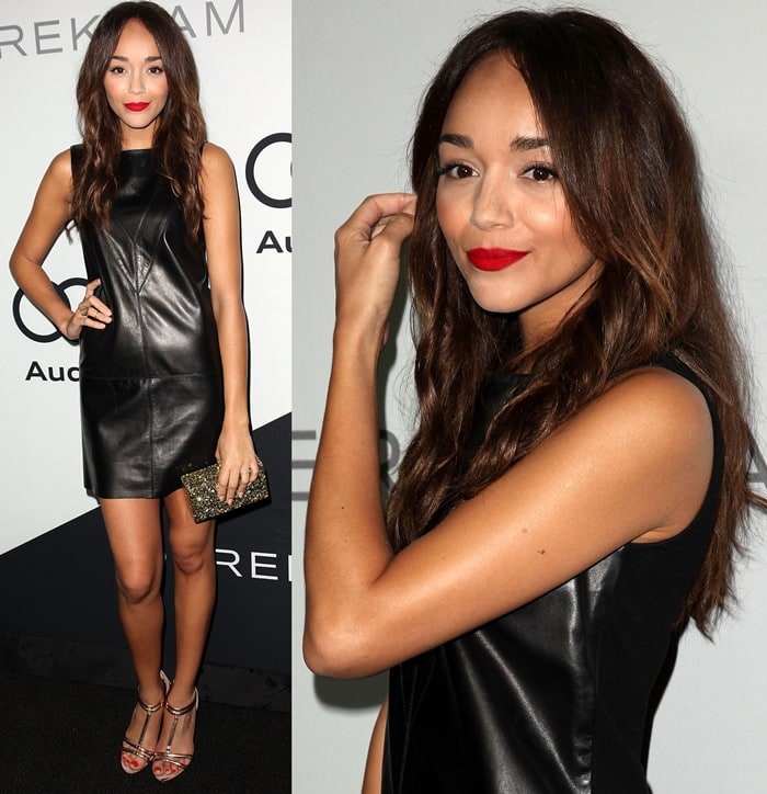 Ashley Madekwe flashed her legs in a lambskin leather sleeveless crew-neck dress