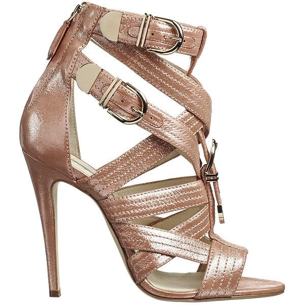 Brian Atwood 'Encanta' multi-strap sandal with buckle detail in rose gold shimmer leather