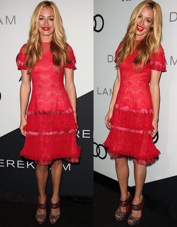 Cat Deeley flaunted her legs in a red lace cocktail dress