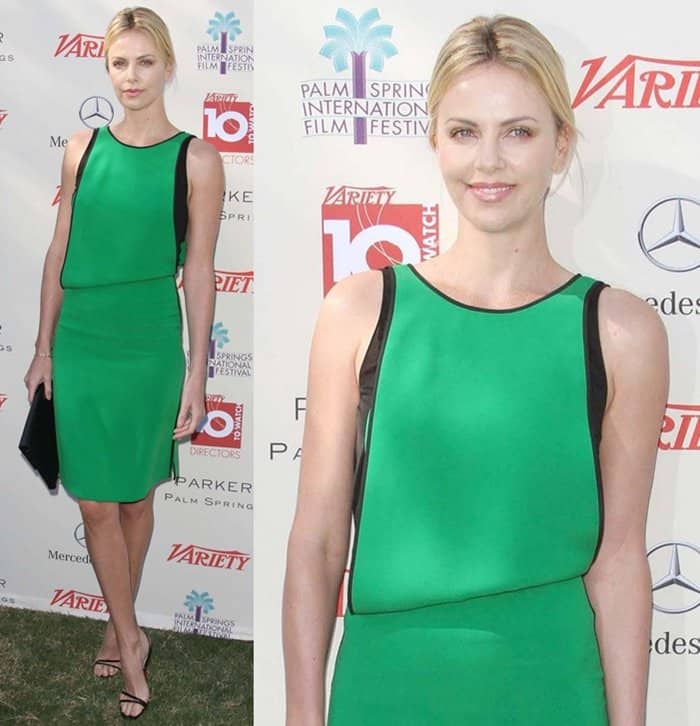 Charlize Theron stuns in a captivating green Reed Krakoff dress at the Variety brunch, radiating sophistication and confidence