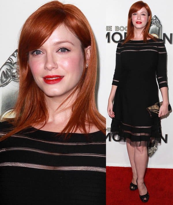 Elegant Transformation: Christina Hendricks captivates in a high-neck, elbow-sleeved Tadashi Shoji mesh stripe fit and flare dress at 'The Book of Mormon' Opening Night, showcasing her versatile fashion sense