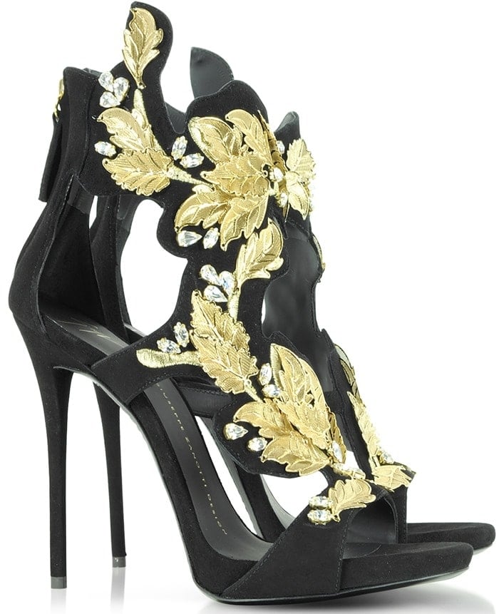 Giuseppe Zanotti Black Suede High Heel Sandal Wcrystal and Gold Leaf Filigree Detail