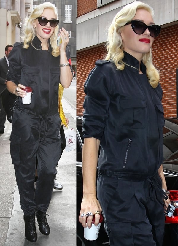 Gwen Stefani in an all-black jumpsuit outside the KISS FM studios