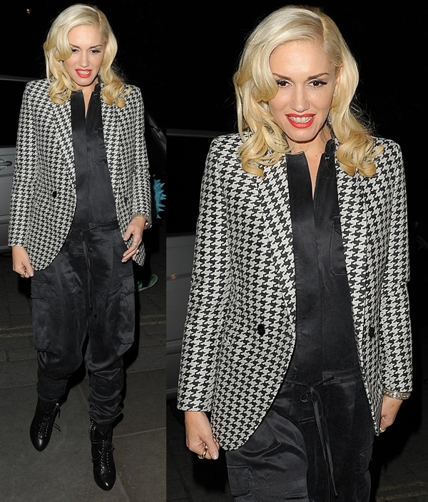 Gwen Stefani in a boxy black-and-white plaid jacket leaving Ozer restaurant