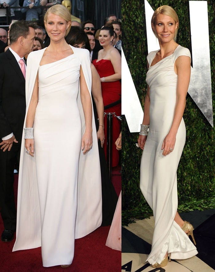 Gwyneth Paltrow wears a white Tom Ford gown and glittery Jimmy Choo heels on the red carpet
