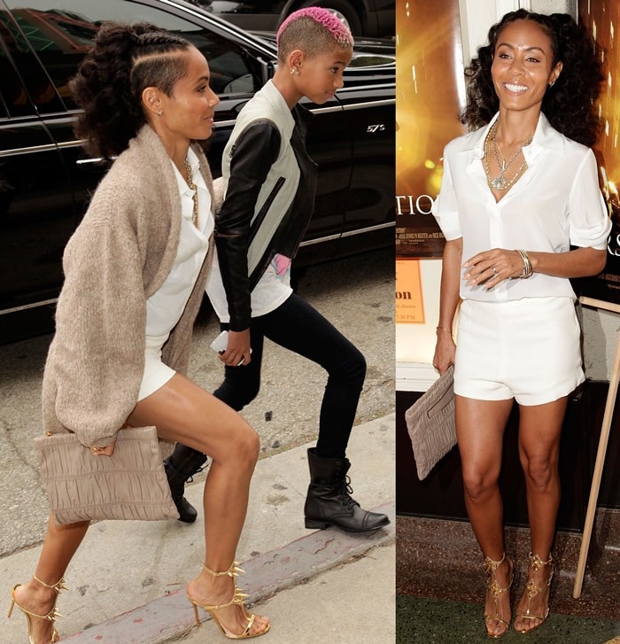 Jada Pinkett Smith effortlessly stuns in a white blouse and shorts paired with gold spiked sandals, as she attends the First Position premiere in Santa Monica with her daughter Willow
