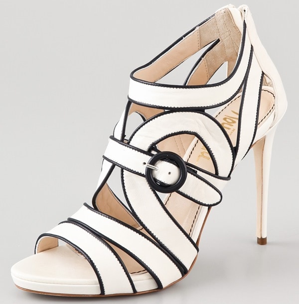 These high-heel leather sandals feature contrast piping and a buckle detail