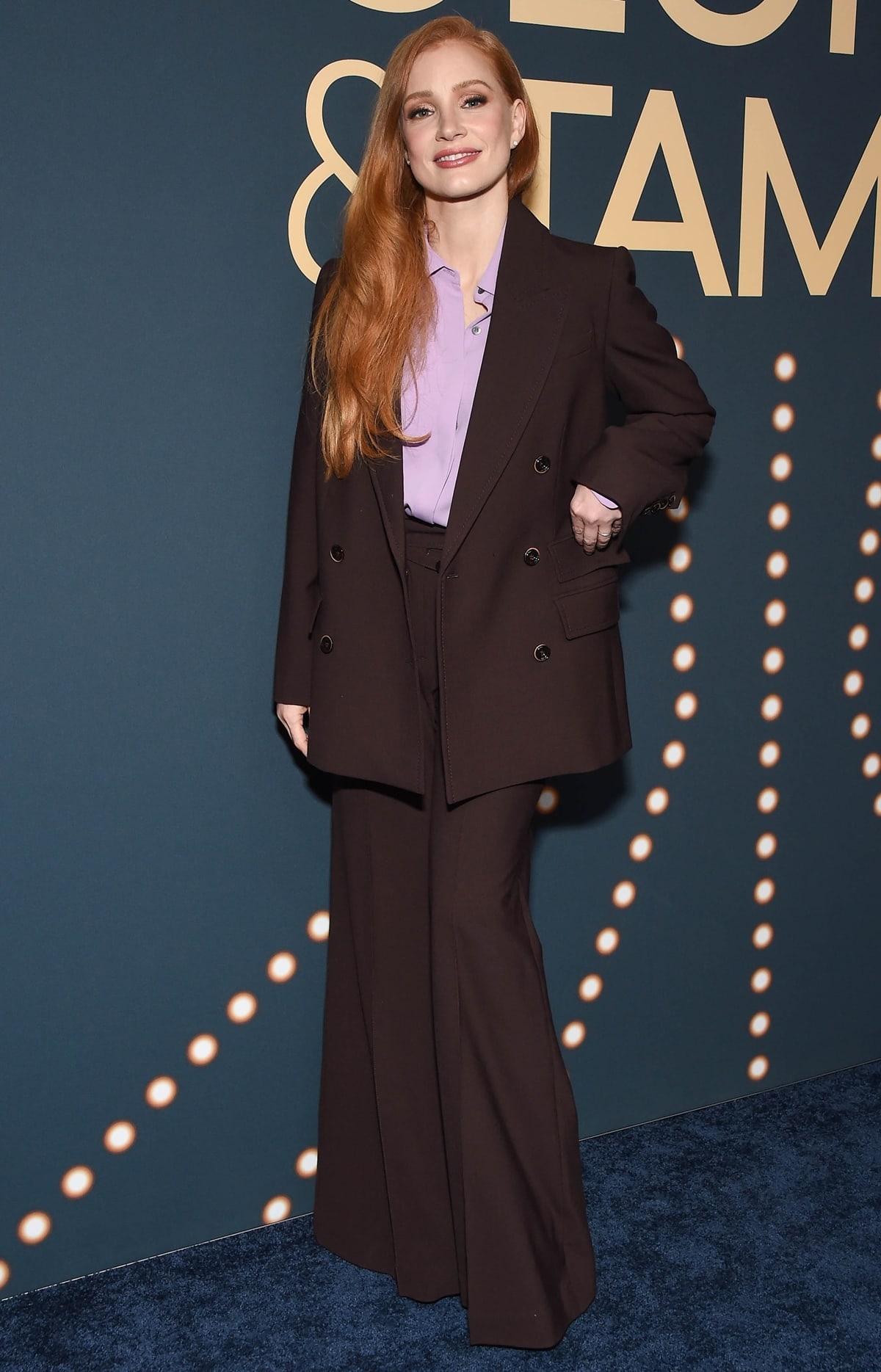 Jessica Chastain, the executive producer and star of "George & Tammy," looked stylish in a professional outfit designed by Elizabeth Stewart at Showtime's Emmy FYC event