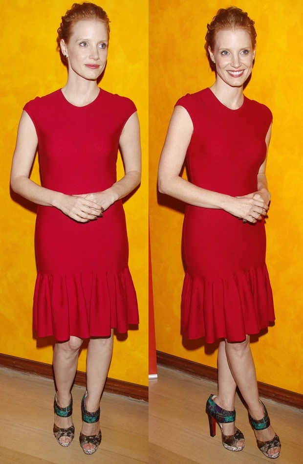 Jessica Chastain looked stunning in an Alexander McQueen gown and wore Christian Louboutin 'Applique' sandals