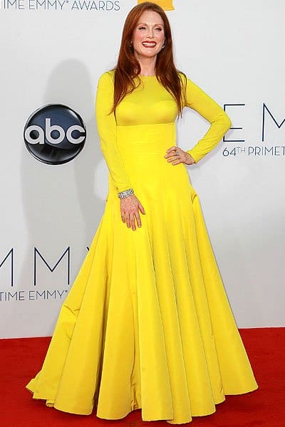Julianne Moore in a long-sleeved, full-skirted yellow ball gown from Christian Dior Fall 2012 Couture