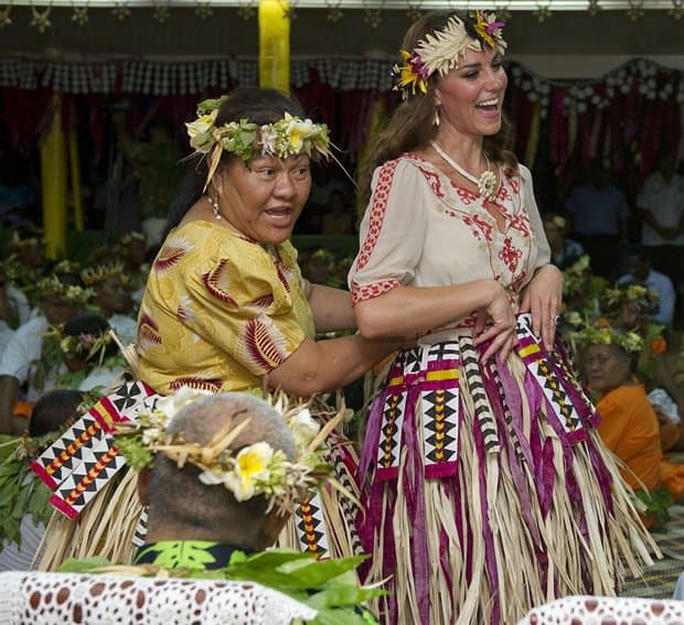 Catherine, Duchess of Cambridge, a.k.a Kate Middleton, dances with the ladies at the Vaiku Falekaupule at an entertainment program during their visit to the remote Island Nation of Tuvalu