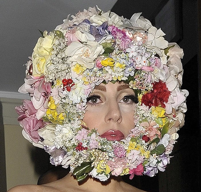 Lady Gaga's huge flower-covered helmet topped off the entire look