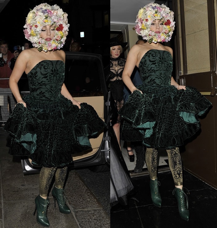 Lady Gaga leaves her hotel wearing a green dress and a headpiece made of flowers