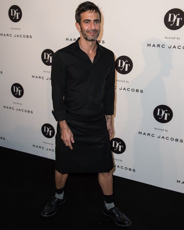 Marc Jacobs in a monochromatic ensemble, pairing a black skirt with a coordinating shirt