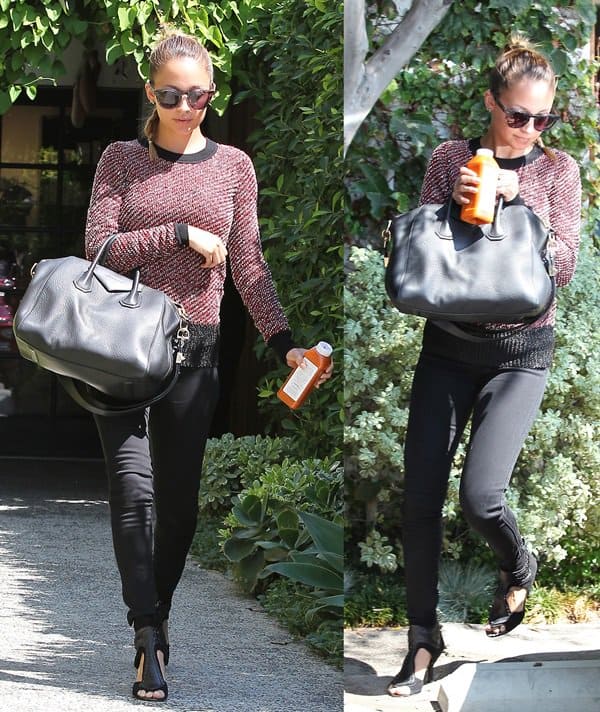 Nicole Richie was spotted leaving the Andy Lecompte Salon on September 4, 2012, in a chic ensemble featuring an Alexander Wang long-sleeved metallic bouclé pullover, House of Harlow 1960 Mikola suede open-toe ankle boots, and accessorized with a Givenchy Antigona bag