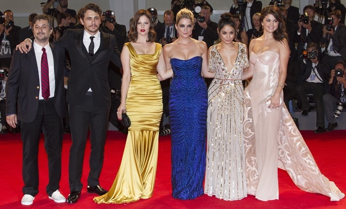 Selena Gomez, Vanessa Hudgens, Ashley Benson, Rachel Korine, James Franco, and Harmony Korine at the 69th Venice Film Festival 'Spring Breakers' premiere