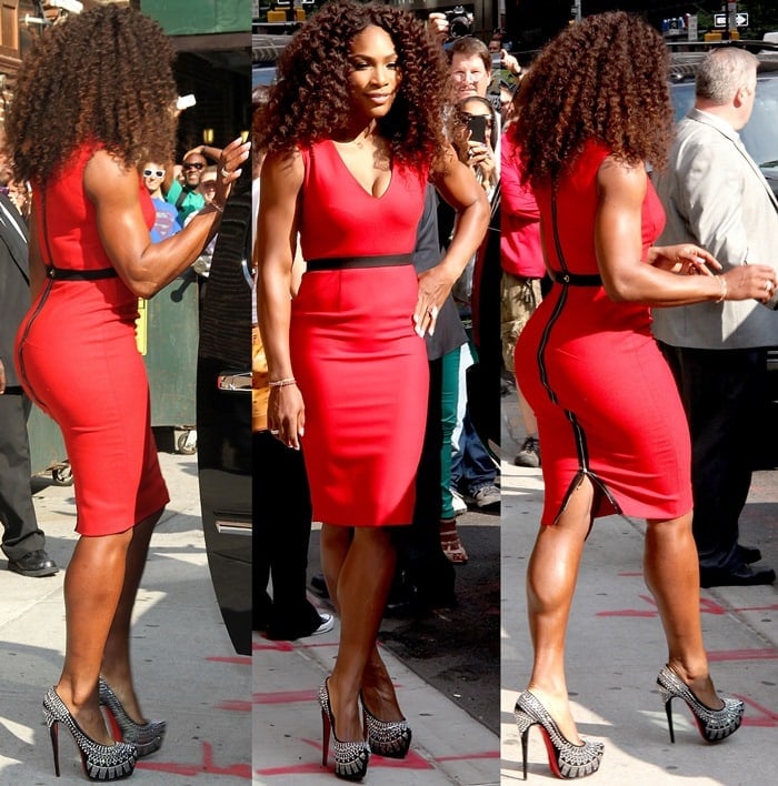 Serena Williams in a red belted textured wool-blend dress by Victoria Beckham