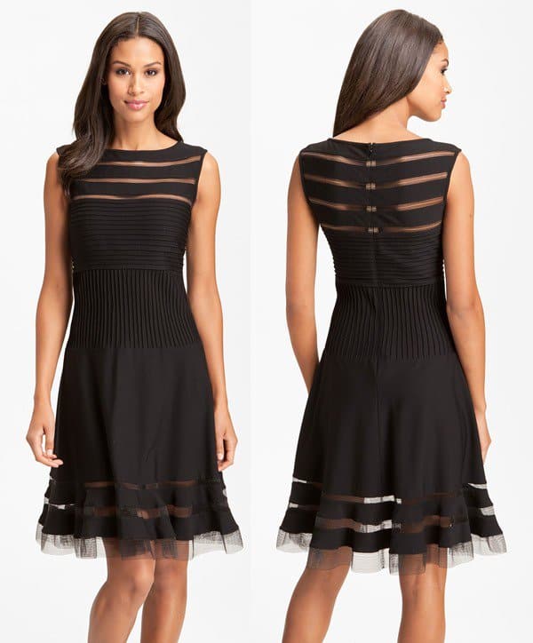 Designer Spotlight: The Tadashi Shoji Sleeveless Mesh Stripe Jersey Dress, a blend of elegance and contemporary design