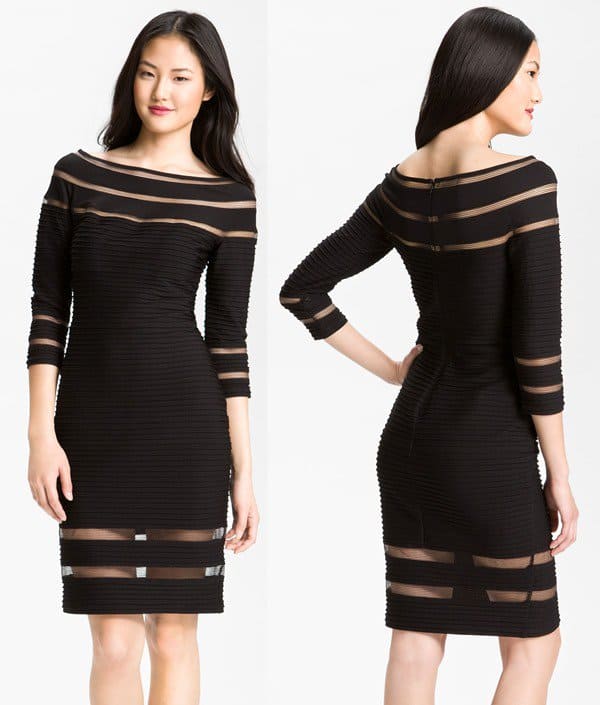 Fashion Fusion: The Tadashi Shoji Bateau Neck Shutter Pleated Sheath Dress combining classic pleats with modern style