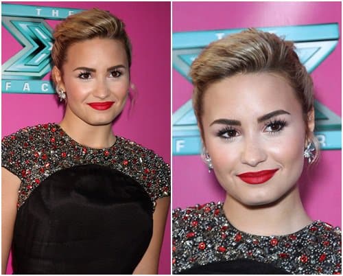 Demi Lovato wears Topshop Fan Stone stud earrings at the X Factor Season Two Premiere Screening