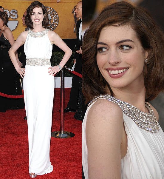 Anne Hathaway graces the Screen Actors Guild Awards in a chic and sleek Azzaro dress