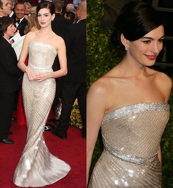 Capturing the spotlight, Anne Hathaway is a vision in an Armani Privé creation at the Academy Awards
