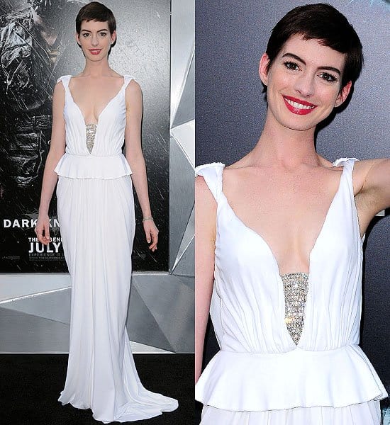 Anne Hathaway impressed at 'The Dark Knight Rises' premiere in New York City, wearing a stunning white Prabal Gurung gown from the Resort 2013 collection