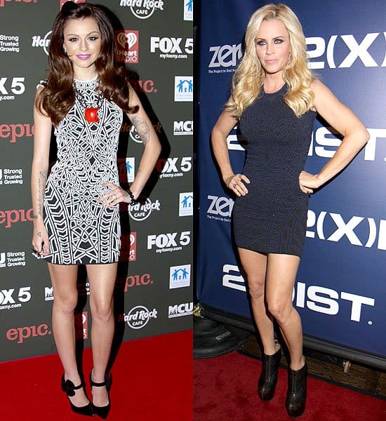 Fashion Face-off: Cher Lloyd adds a playful touch to the RVN geo-textured knit mini dress with black Mary Jane pumps, while Jenny McCarthy gives it an edgy twist with sleek black wedge booties