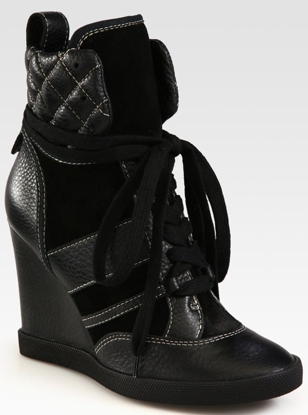 Chloe Leather and Suede High Top Wedge Sneaker