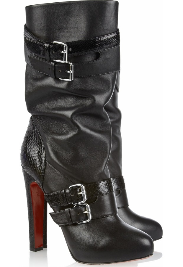 Christian Louboutin Black Loubi Bike 140 Leather and Python Boots