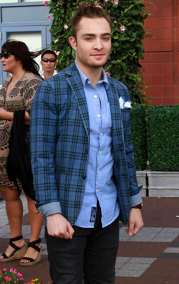 Ed Westwick looking dapper in a blue patterned blazer in New York City