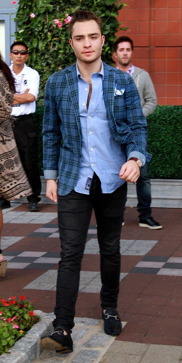 Ed Westwick in a blue patterned blazer at the 2012 US Open at the USTA Billie Jean King National Tennis Center