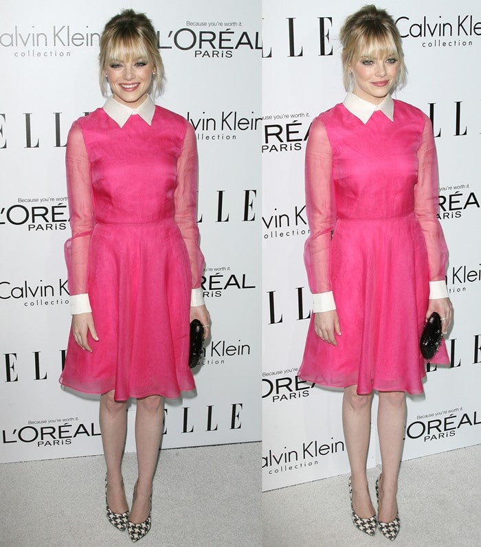 Emma Stone pairs a retro-inspired pink Valentino dress with retro-inspired Houndstooth pumps