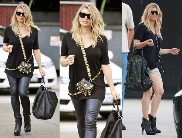 Fergie styled her leather pants with a black tee and sky-high ankle boots