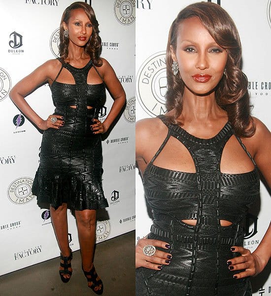 Iman captivates in a bondage-inspired black leather dress, redefining elegance at the Destination IMAN launch in NYC, September 7, 2012